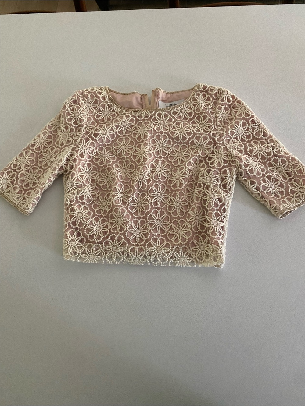 Badgley Mischka Pink Top with Cream Floral Crochet Overlay